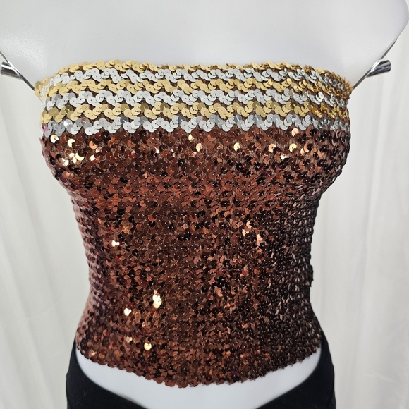 Brown silver and gold sequin tube top Smocked small - Picture 3 of 6